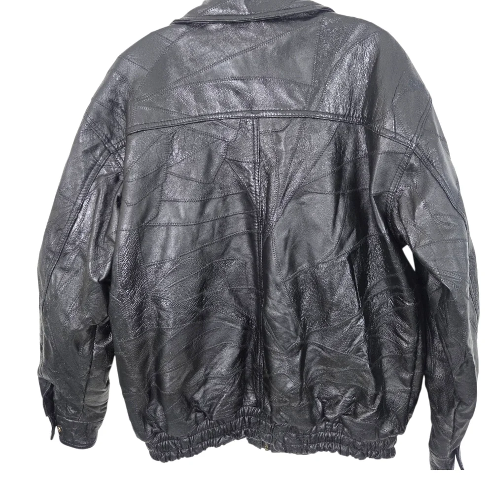 Vintage Patchwork Leather Bomber Jacker Mens Large Black 90s Heavyweight